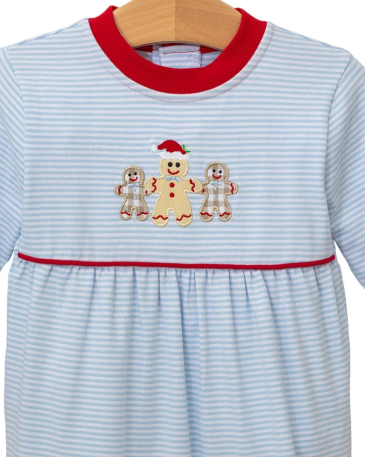 Gingerbread Blue Stripe Boys Romper, That Store, close
