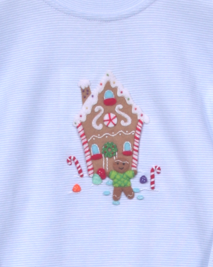 Gingerbread House Felt Applique Blue Stripe Boy's Pant Set, That Store, close up