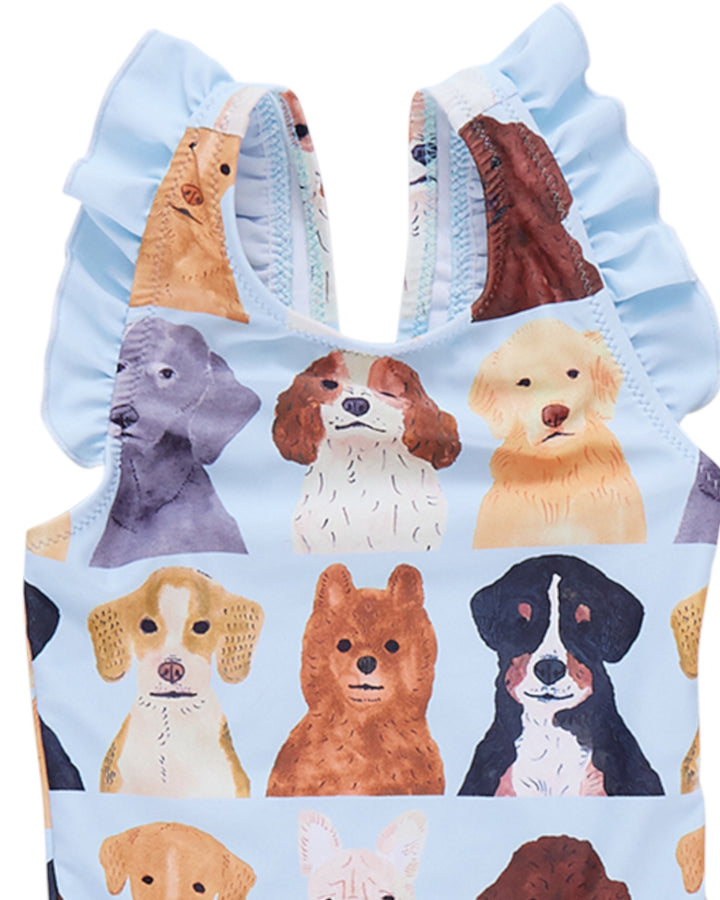 Girls Liv Suit - Light Blue Watercolor Dogs, That Store, close up