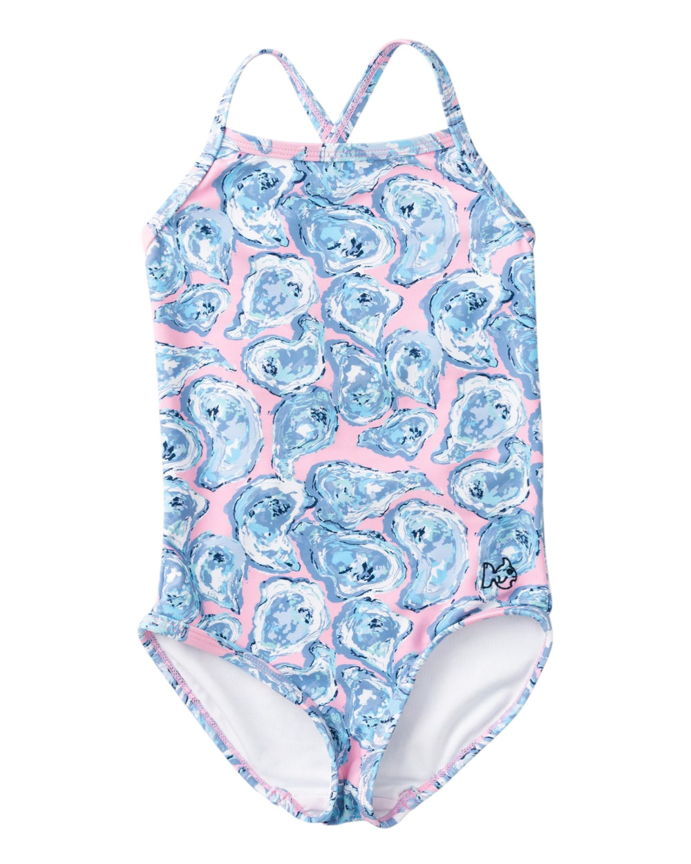 One-piece swimsuit with blue and pink pattern on a white background