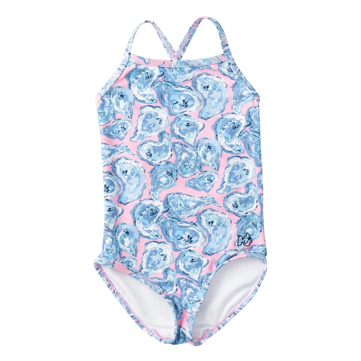 One-piece swimsuit with blue and pink pattern on a white background