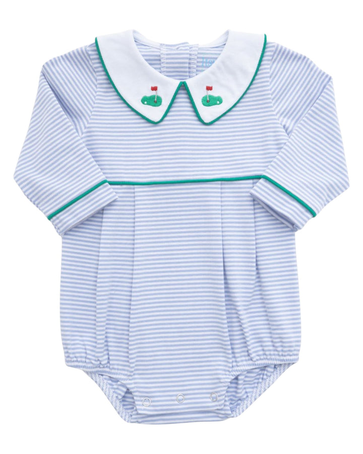 A baby long-sleeve bodysuit with light blue and white horizontal stripes, featuring a white Peter Pan collar with green trim and embroidered green cars with small red flags. The bodysuit has green trim along the collar and sleeve cuffs, and is shown against a plain white background, that store
