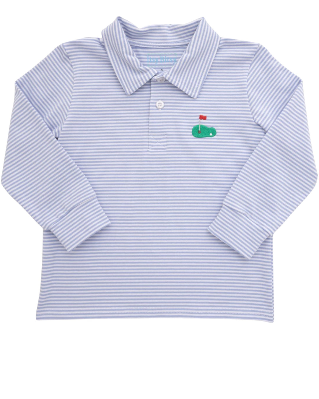 A long-sleeve polo shirt for toddlers, featuring light blue and white horizontal stripes with a small embroidered green horse logo on the chest, that store