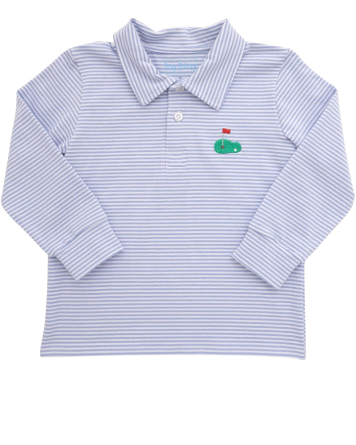A long-sleeve polo shirt for toddlers, featuring light blue and white horizontal stripes with a small embroidered green horse logo on the chest, that store