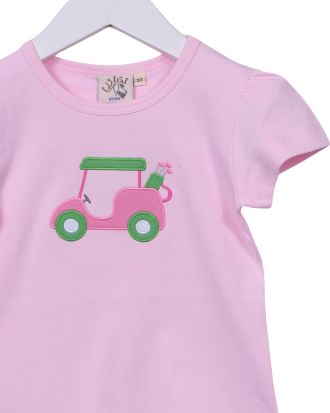 Golf Cart Applique Girls Pink Top, That Store, close up