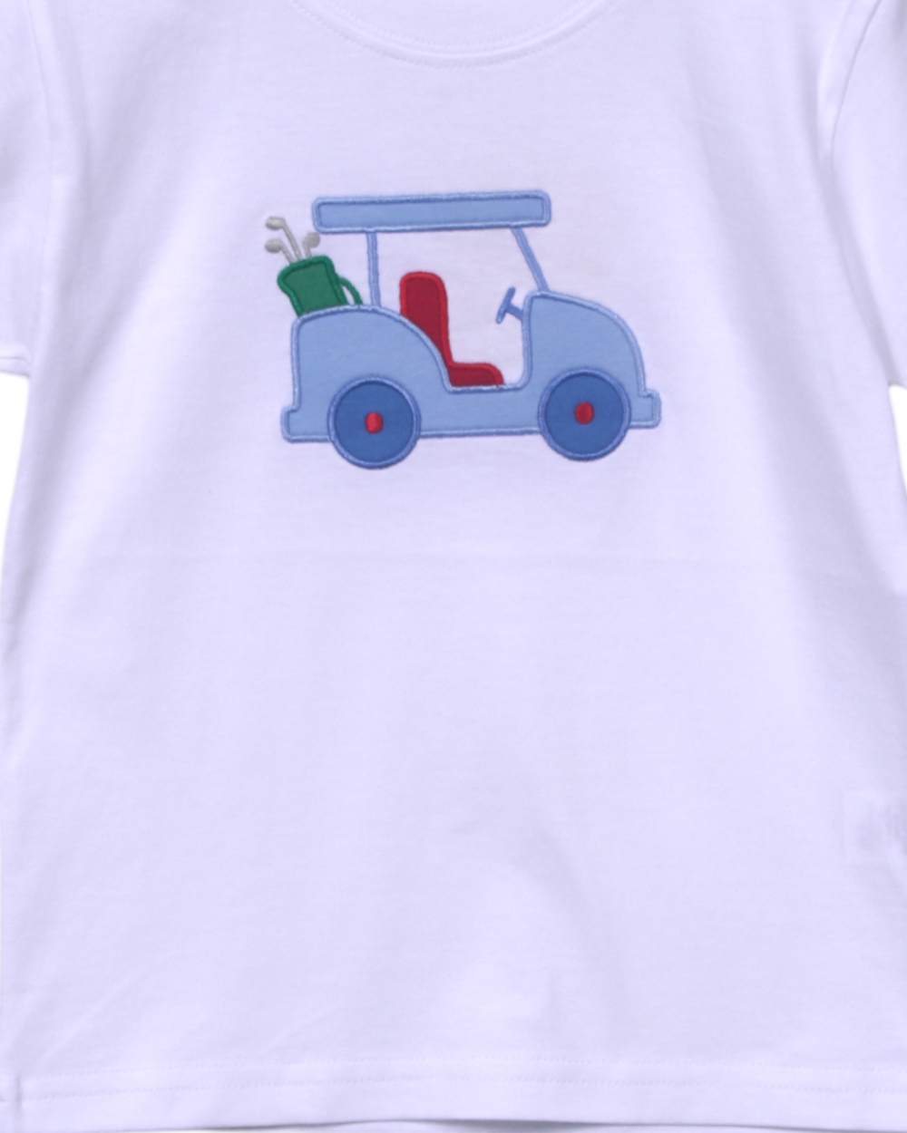 Golf Cart Applique White Boys Shirt, That Store, close up