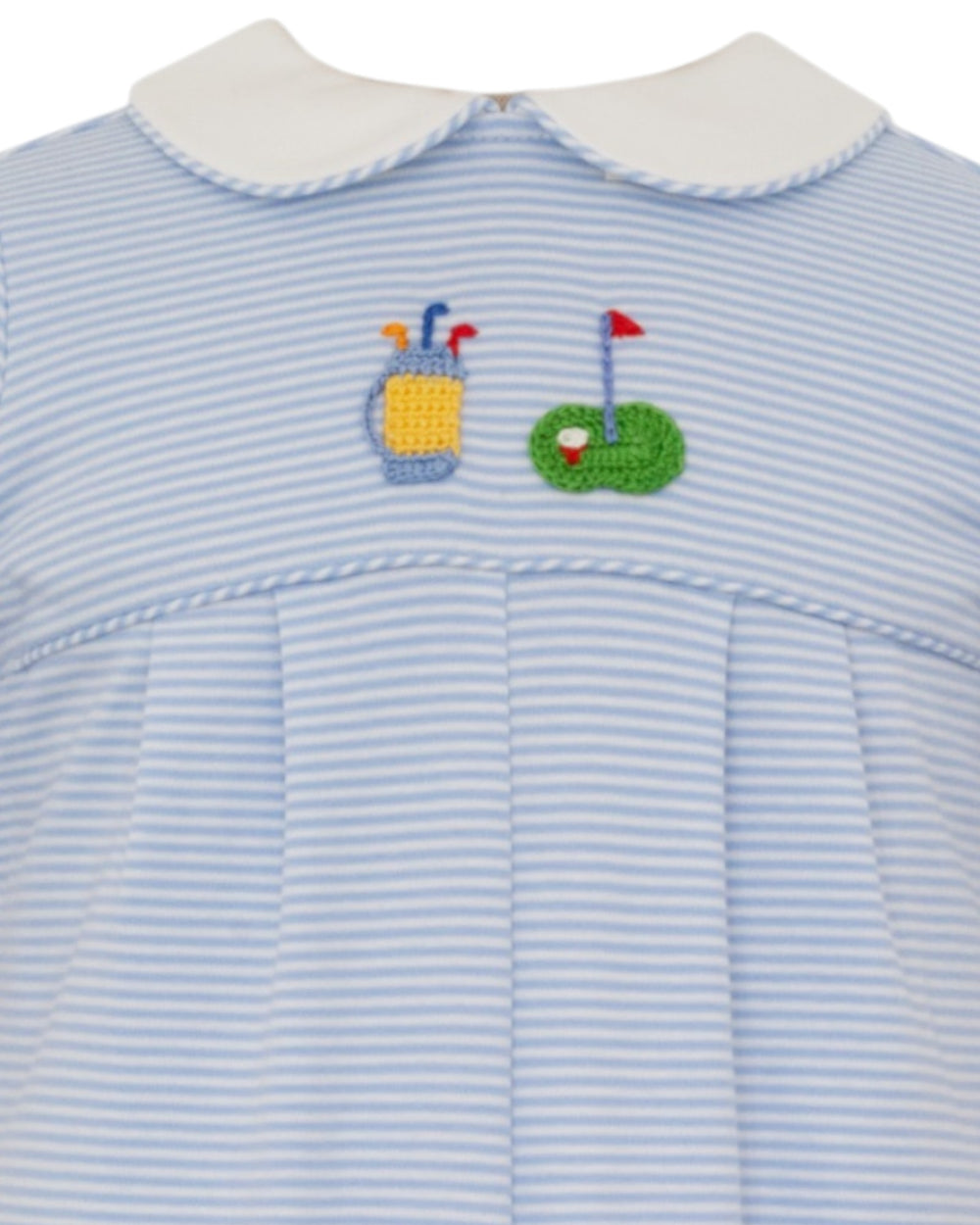 Light blue and white striped dress with embroidered golf-themed design on a white background
