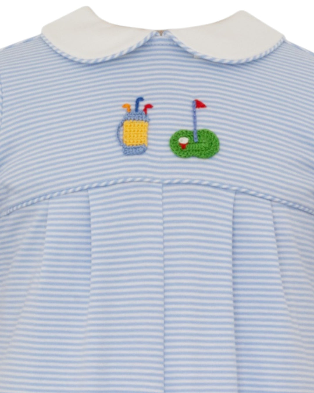 Light blue and white striped dress with embroidered golf-themed design on a white background