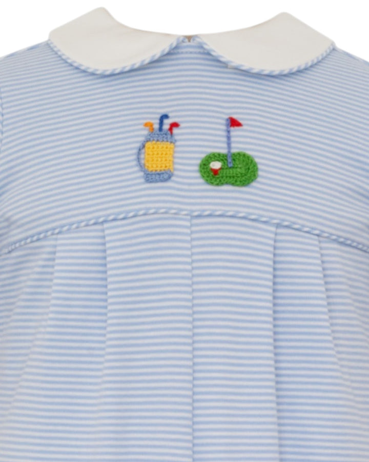 Light blue and white striped dress with embroidered golf-themed design on a white background
