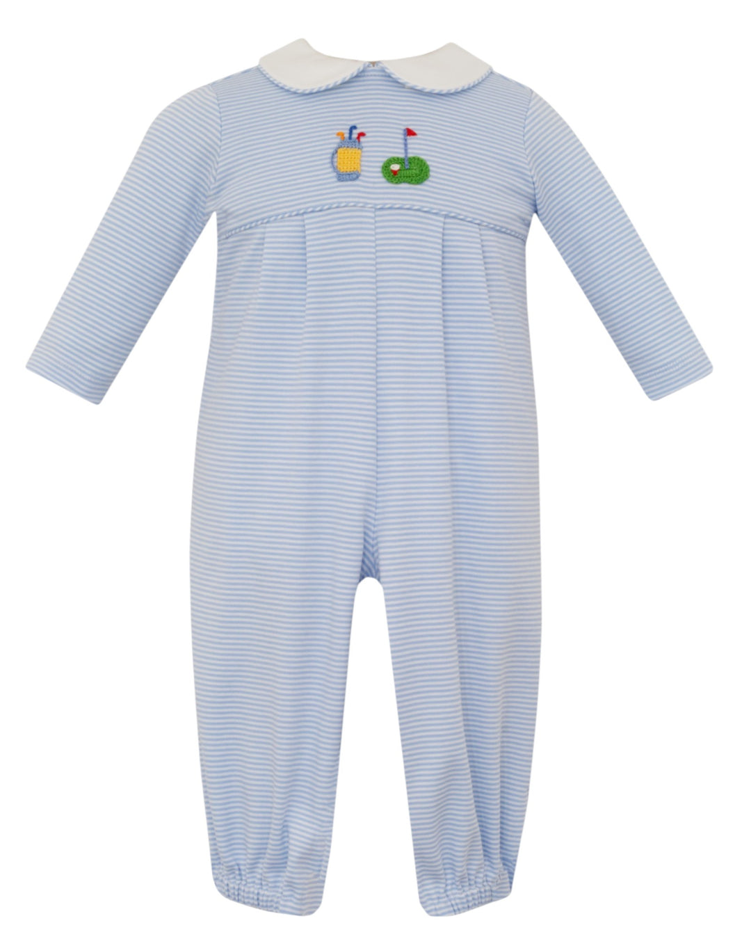 Blue striped baby romper with embroidered details on a white background