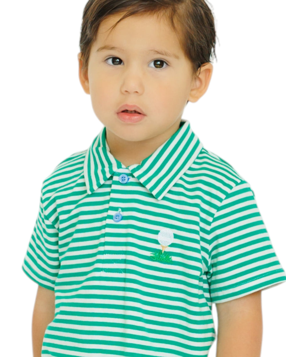 Child wearing a green and white striped polo shirt on a white background, that store