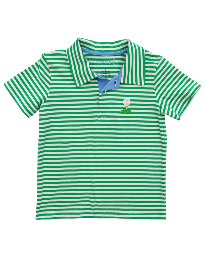Green and white striped polo shirt with a small logo on a white background