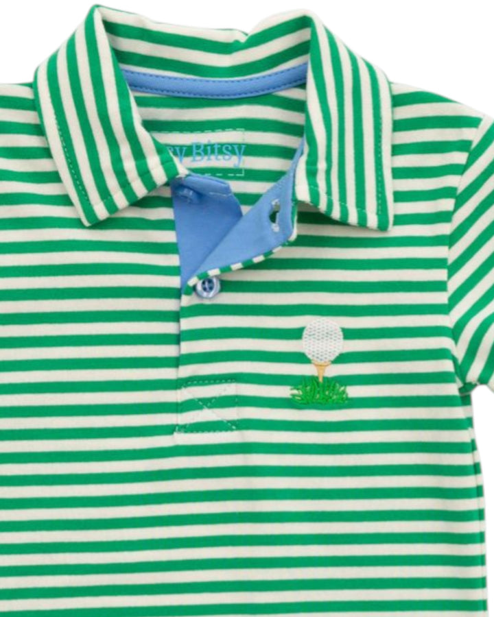 Green and white striped polo shirt with a golf ball and club design on a white background
