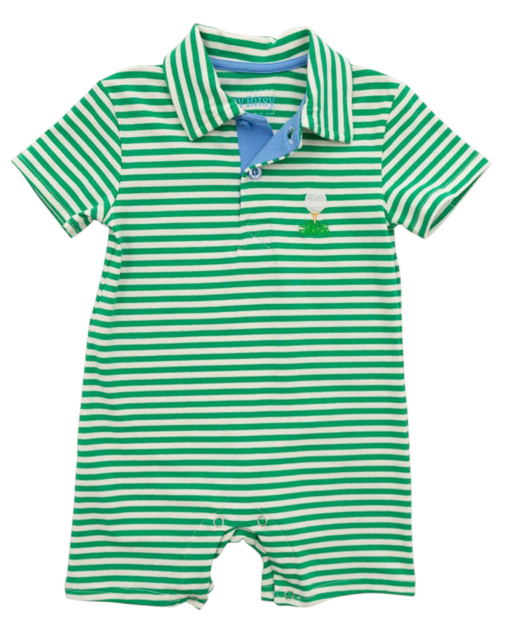 Green and white striped baby romper with a collar on a white background