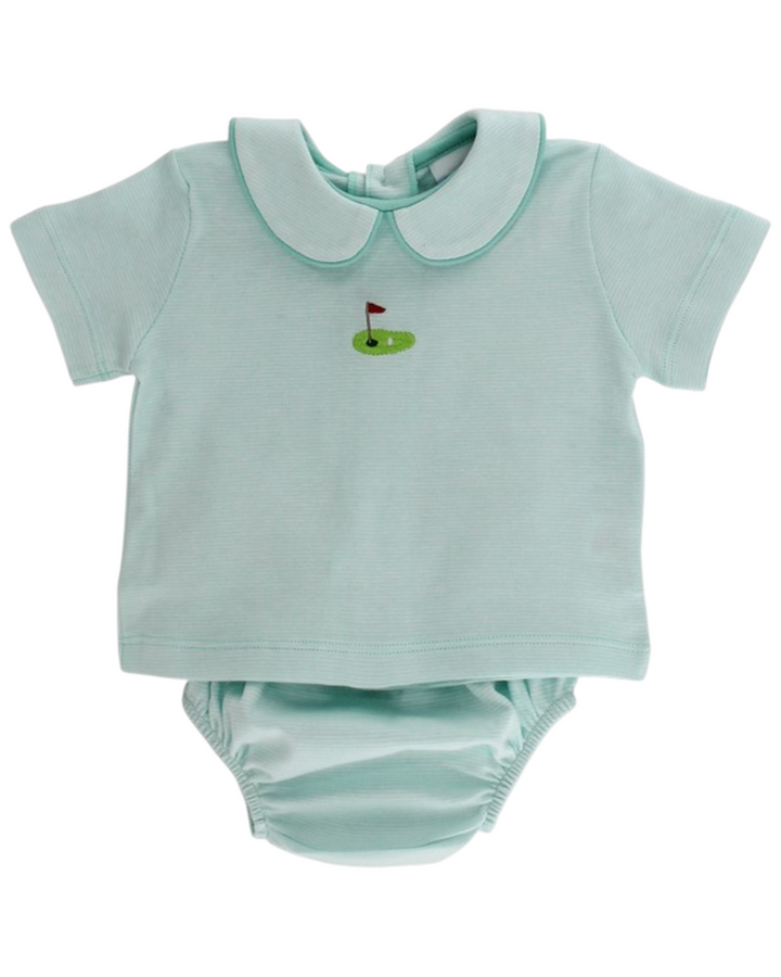 Golf Embroidered Mint Stripe Boys Diaper Cover Set, That Store, front