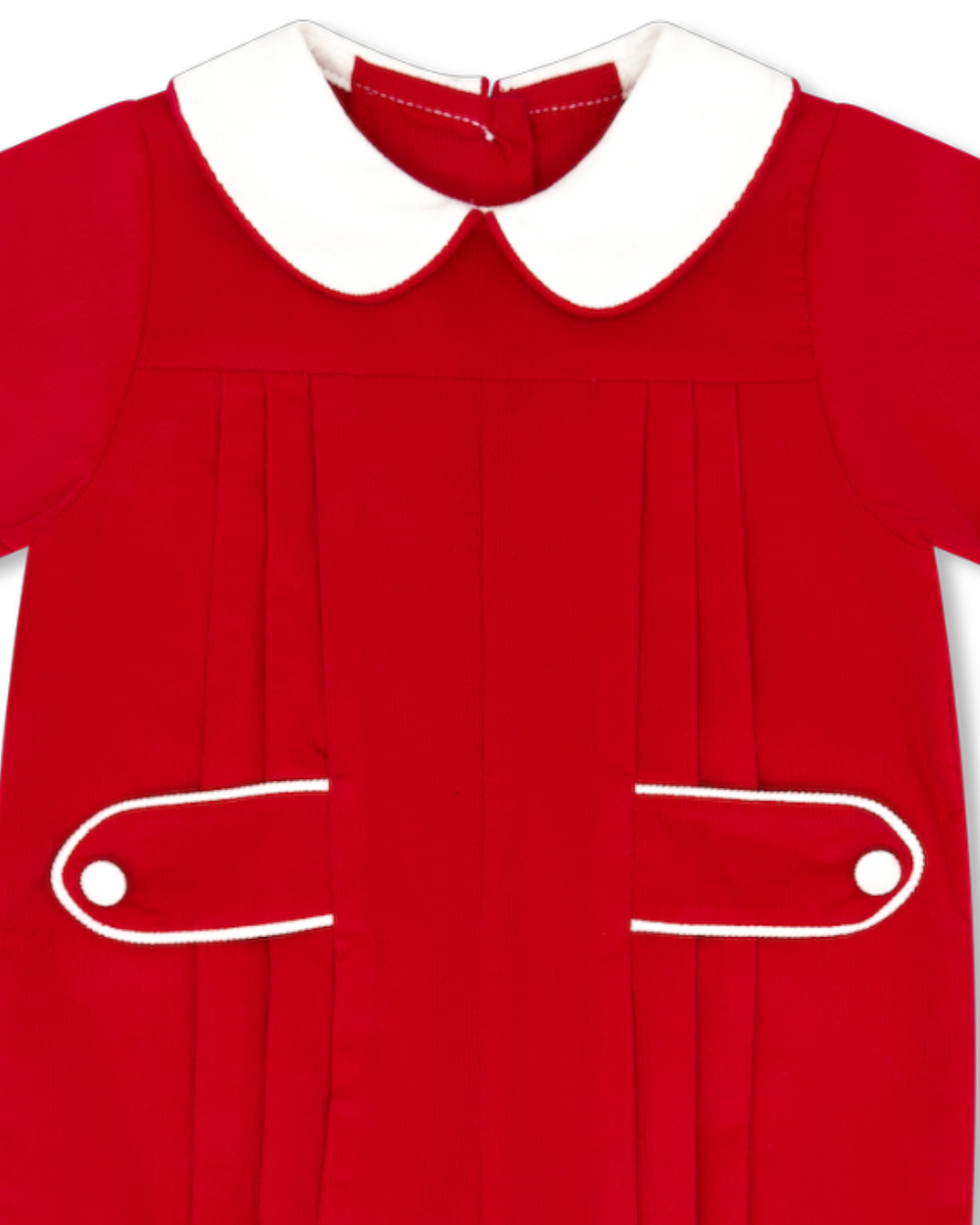 Red dress with white collar and buttons on a white background