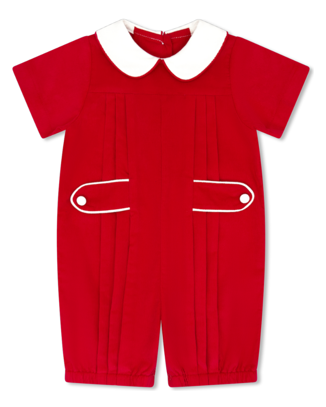 Red baby romper with white collar and buttons on a white background