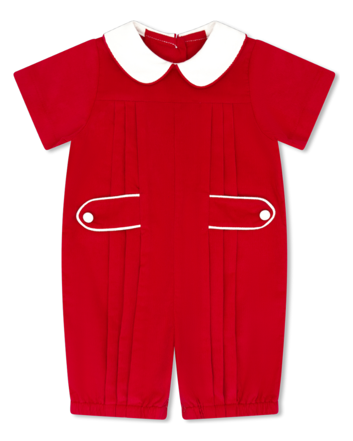 Red baby romper with white collar and buttons on a white background