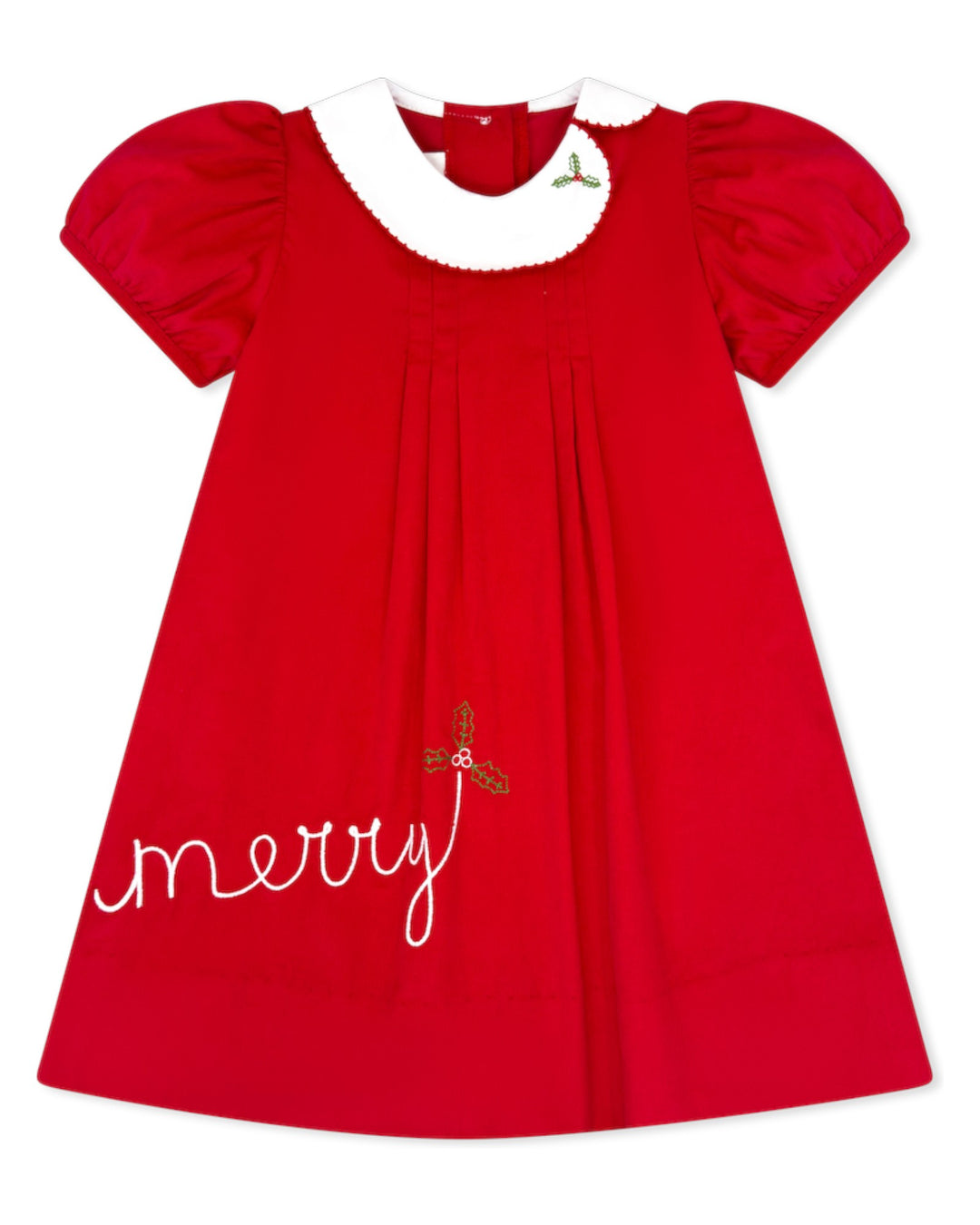Red dress with white collar and 'merry' embroidery on a white background