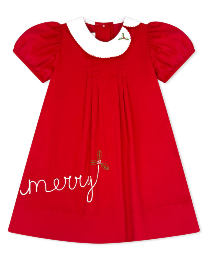 Red dress with white collar and 'merry' embroidery on a white background