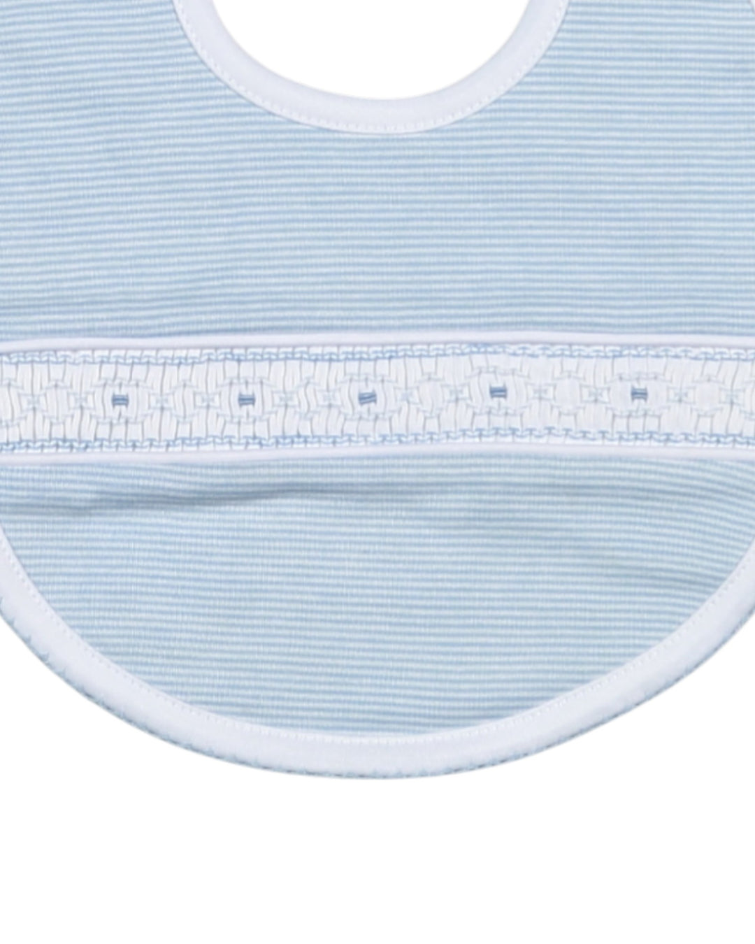 Close-up of a light blue baby bib with white trim on a white background