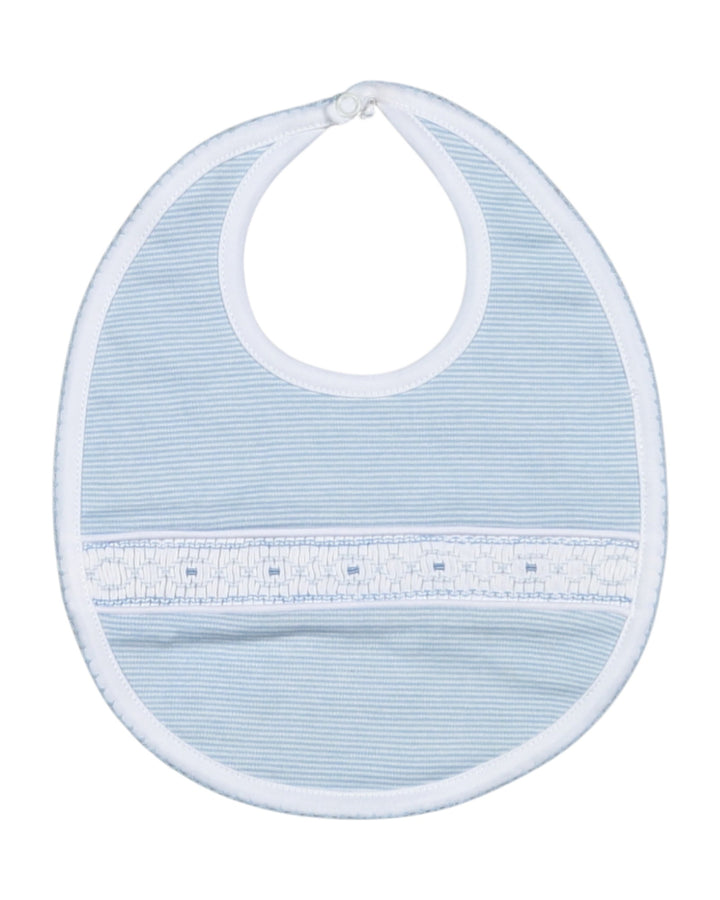 Light blue baby smocked bib with white trim on a white background