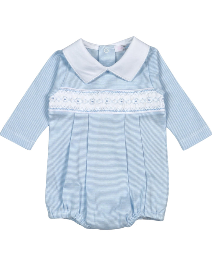 Light blue baby smocked romper with white collar on a white background