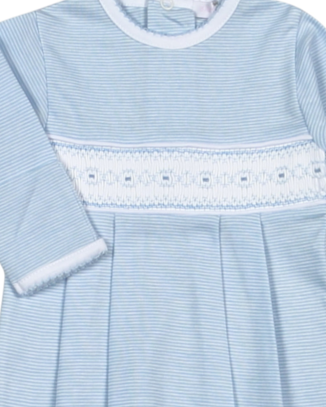 Light blue striped dress with lace trim on a plain background