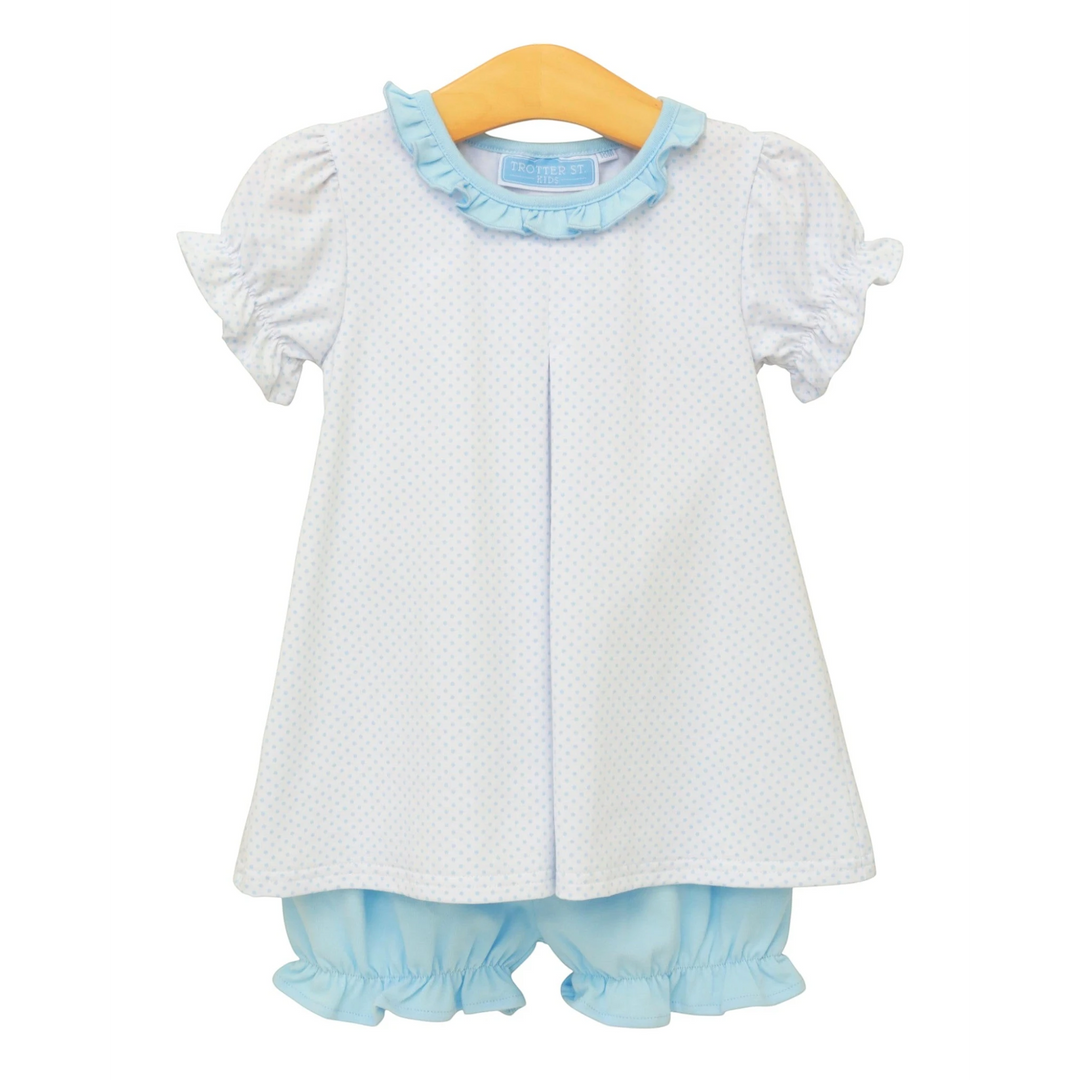 Baby dress with ruffled collar and bloomers on a white background