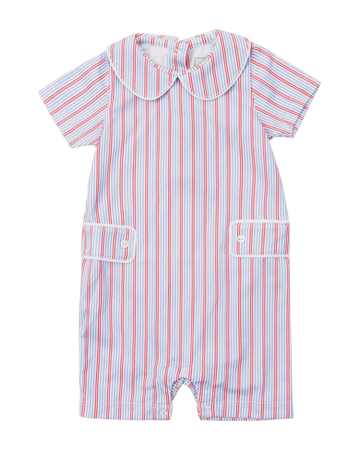 Striped baby romper with a collar on a white background