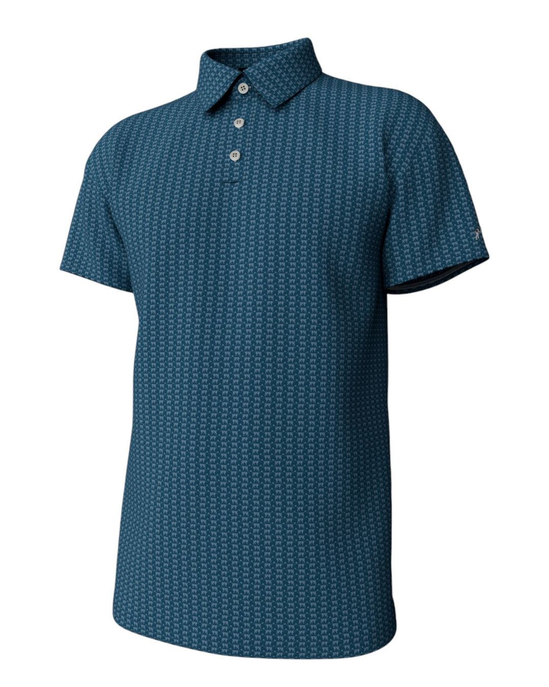 Blue patterned polo shirt on a white background