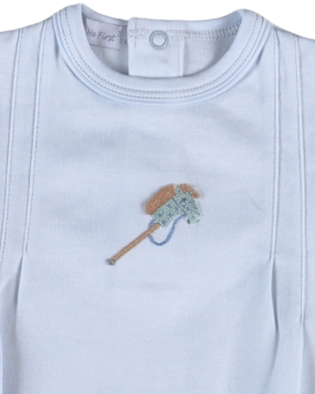 Light blue baby onesie with embroidered lacrosse design on a plain background
