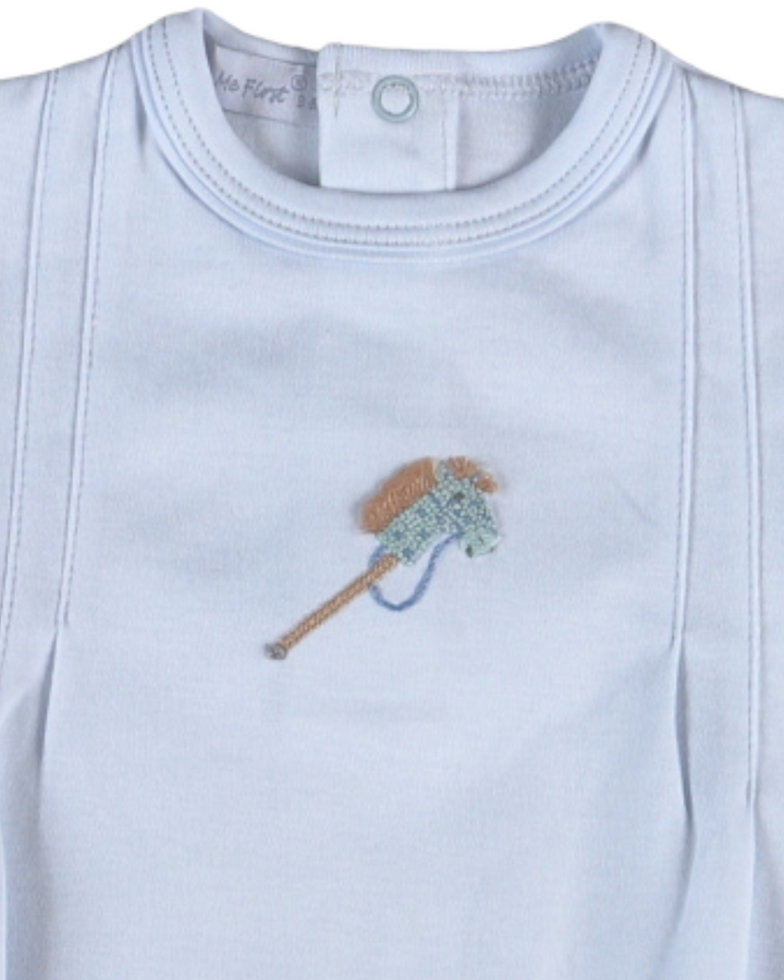 Light blue baby onesie with embroidered lacrosse design on a plain background