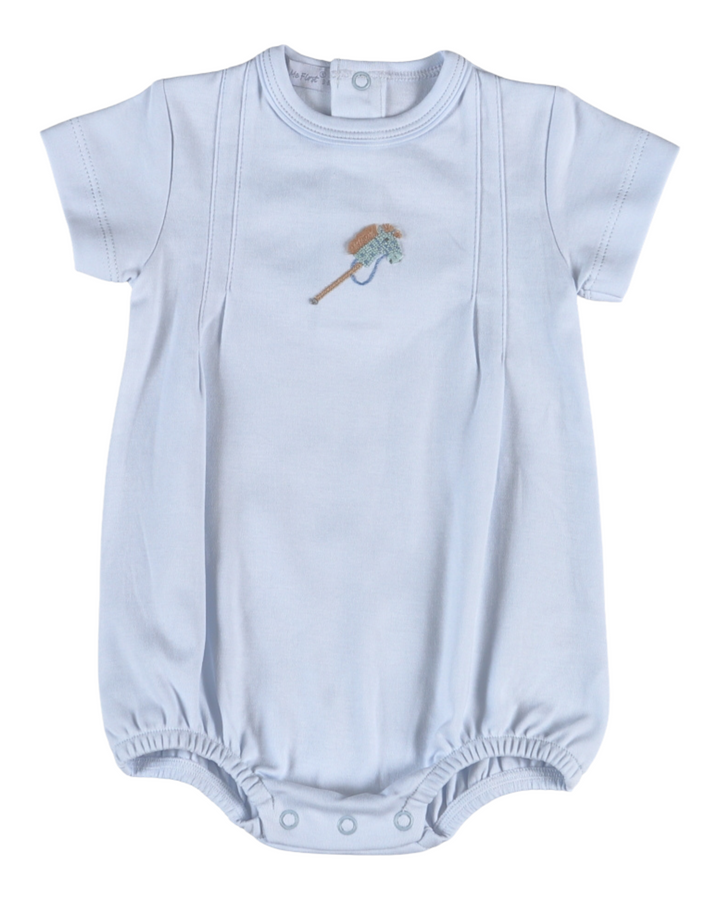 Light blue baby romper with a small design on a white background