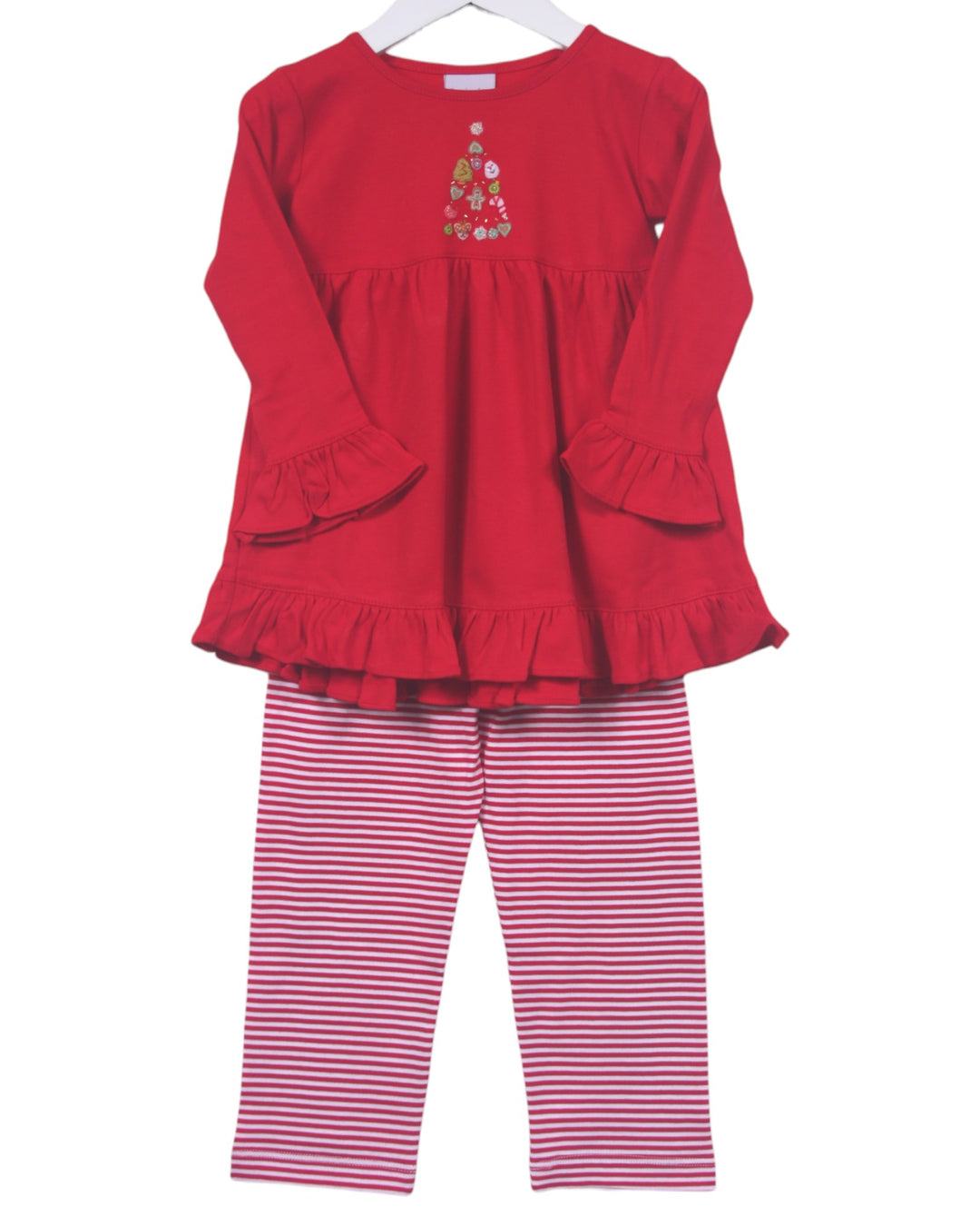 Red top and pink striped pants set on a white background