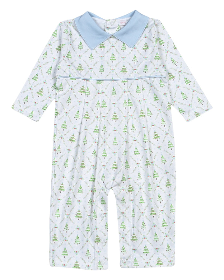 Baby romper with tree pattern and light blue collar on a white background