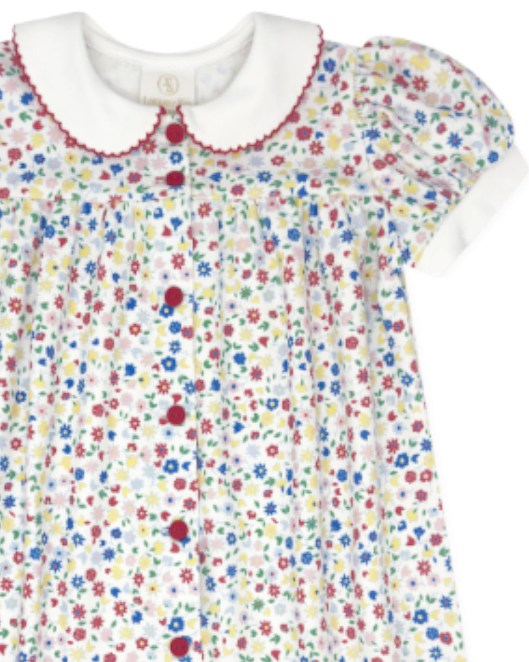 Children's dress with floral pattern and white collar on a white background
