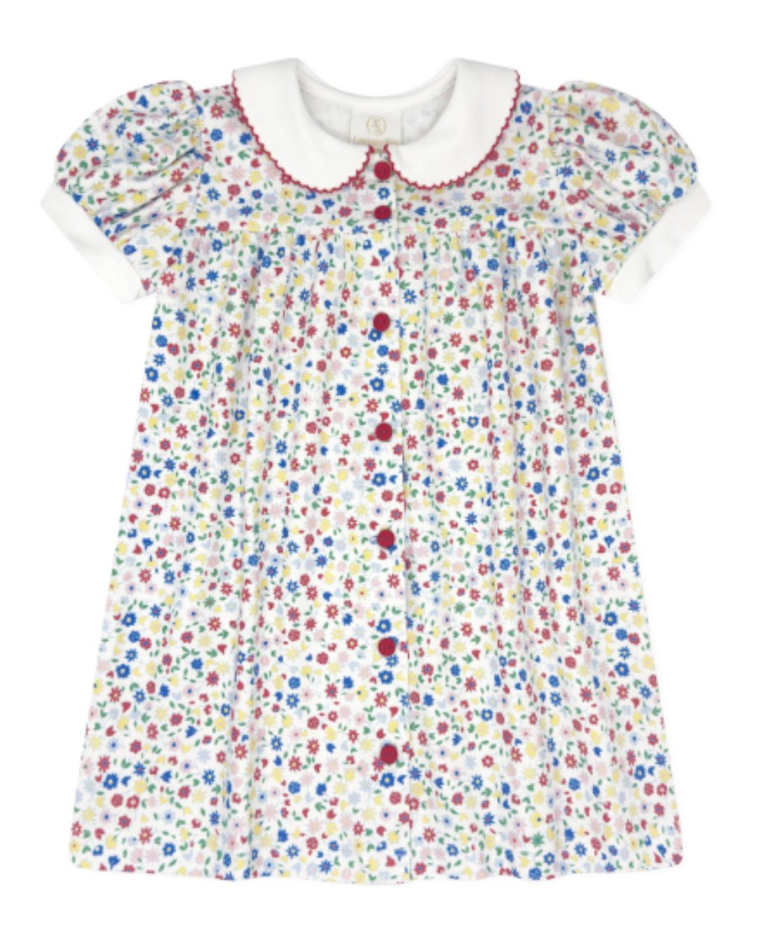 Colorful floral dress with a white collar on a white background