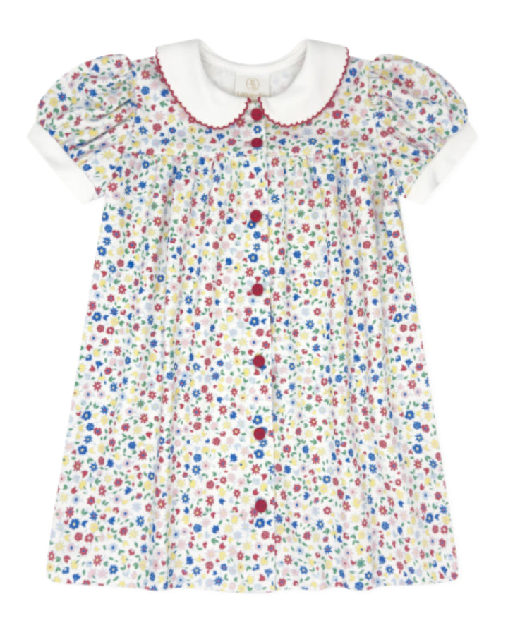 Colorful floral dress with a white collar on a white background