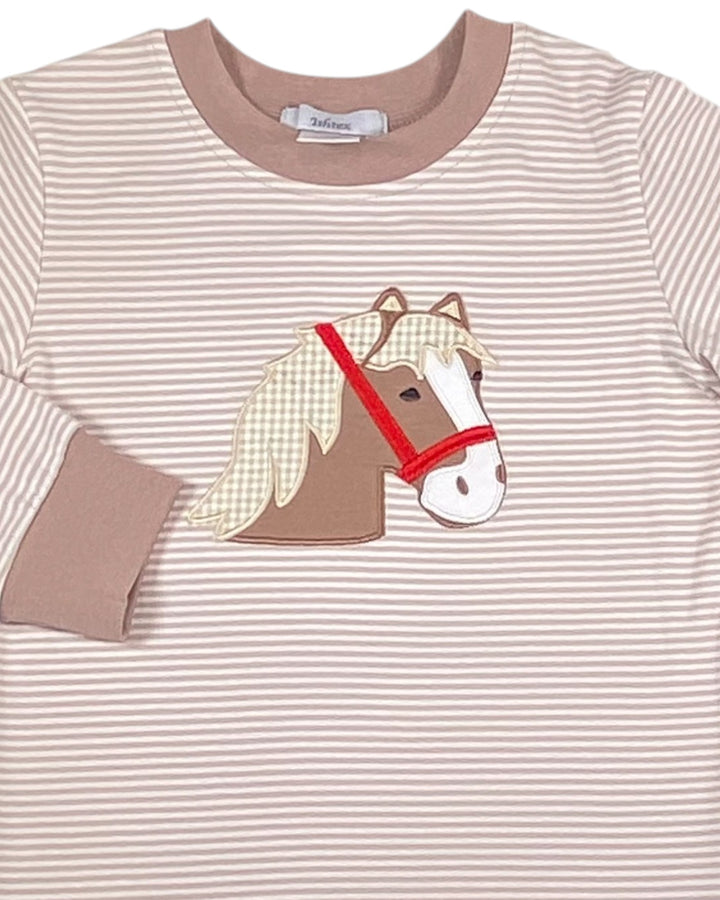 Horse Applique Brown Stripe Boys Pant Set