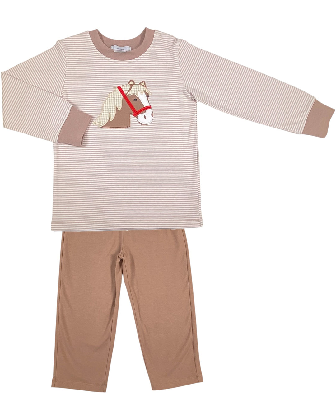 Children's pajama set with striped top and beige pants on a white background