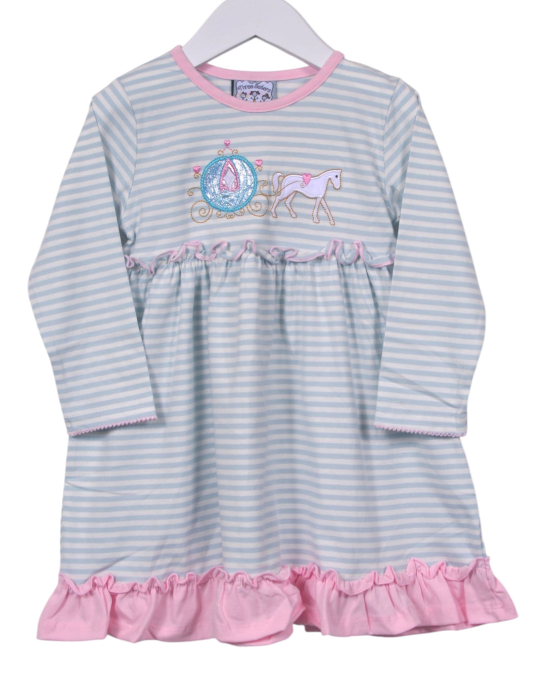 Striped dress with pink ruffle hem and horse design on a white background