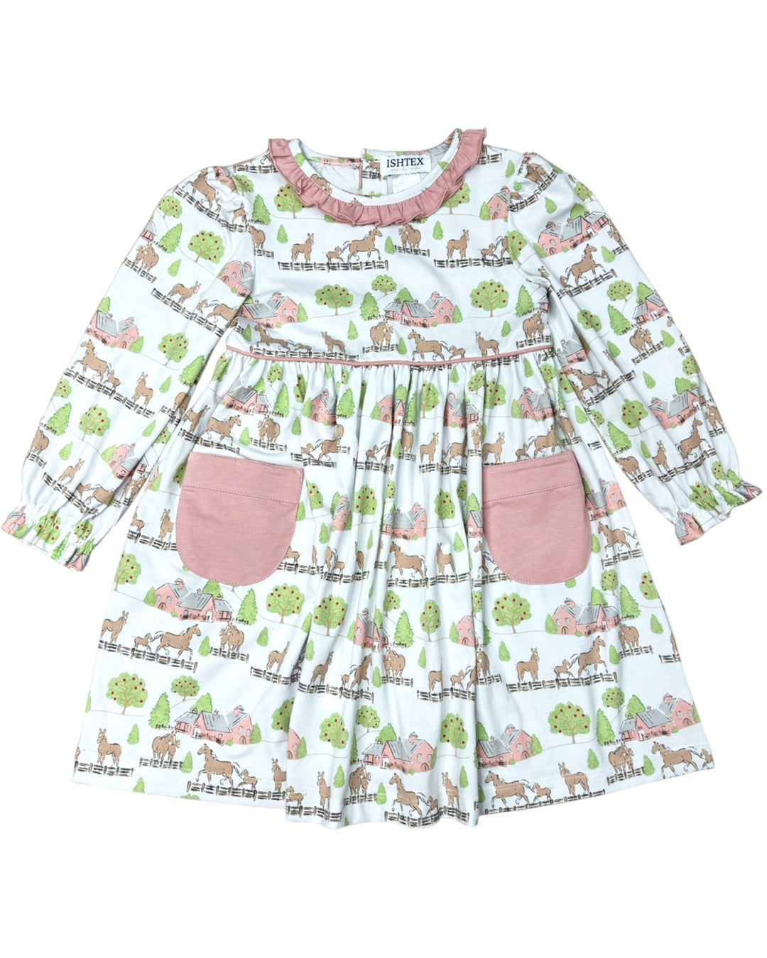 Children's dress with animal print and pink pockets on a white background