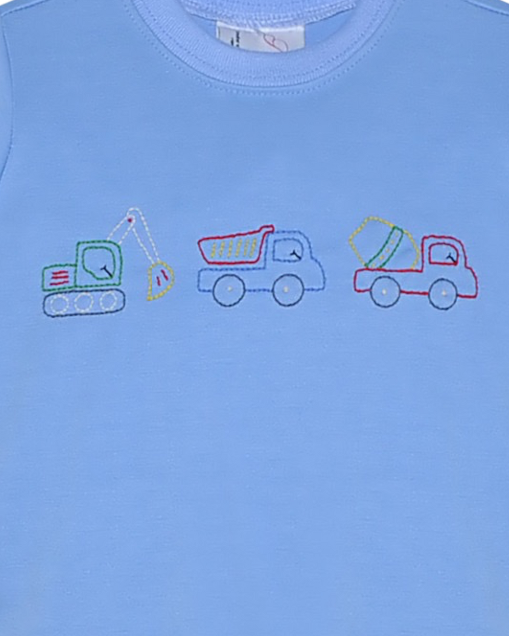 Blue t-shirt with embroidered construction vehicle designs on a plain background