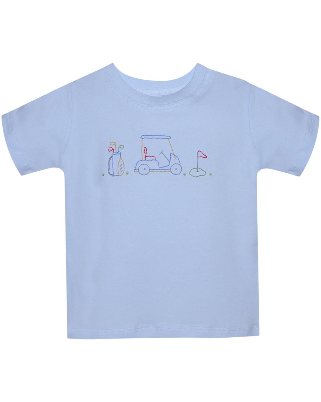 Light blue t-shirt with golf-themed design on a white background