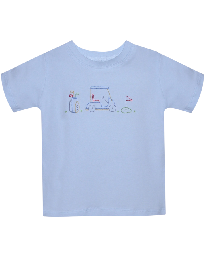 Light blue t-shirt with golf-themed design on a white background