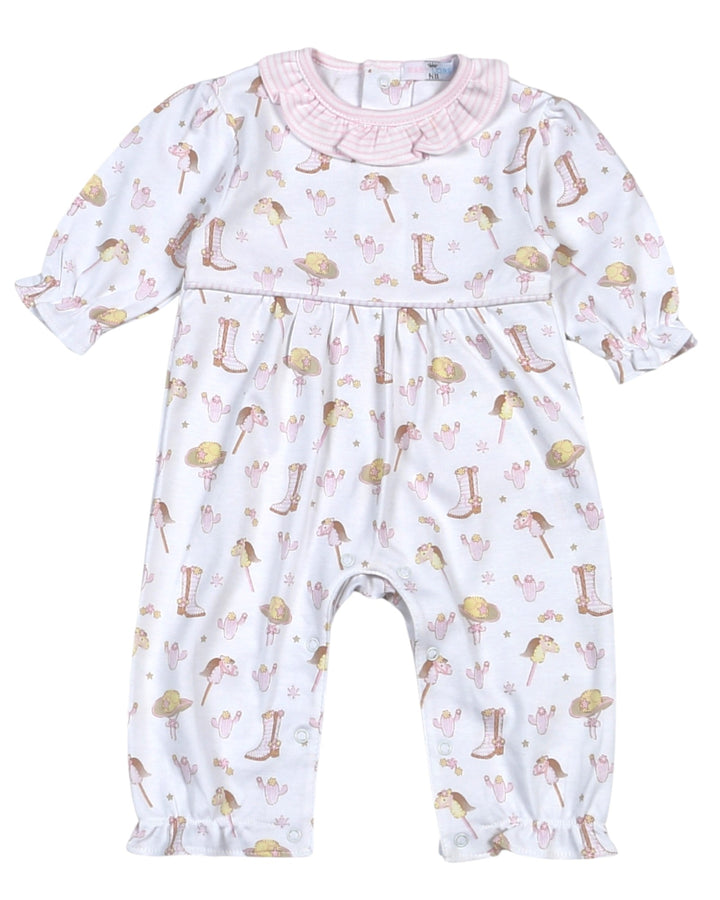 Baby romper with boot and hat pattern on a white background