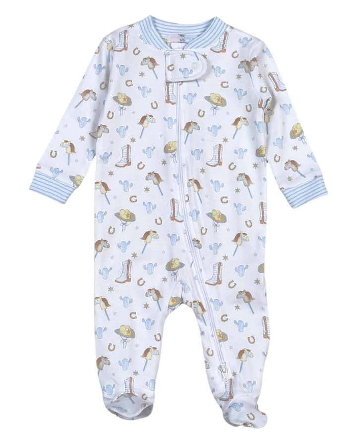 Baby onesie with cowboy print on a white background