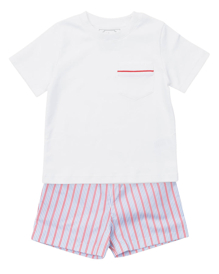 White t-shirt and red and white striped shorts on a white background