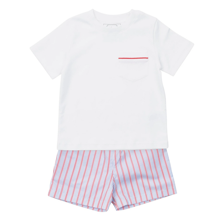 White t-shirt and red and white striped shorts on a white background